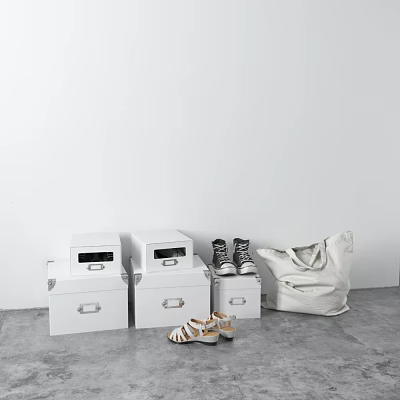 Black and White Shoes and Brown Sandals with White Storage Boxes and White Bag 3d model Black and White Shoes and Brown Sandals with White Storage Boxes and White Bag 3d model