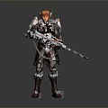Game Movie Character With Red Hair White Red Armor And Long Spear On Circular Base