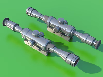 Two Silver Colored Telescopic Sights With Metallic Finish On Green Background 3d model