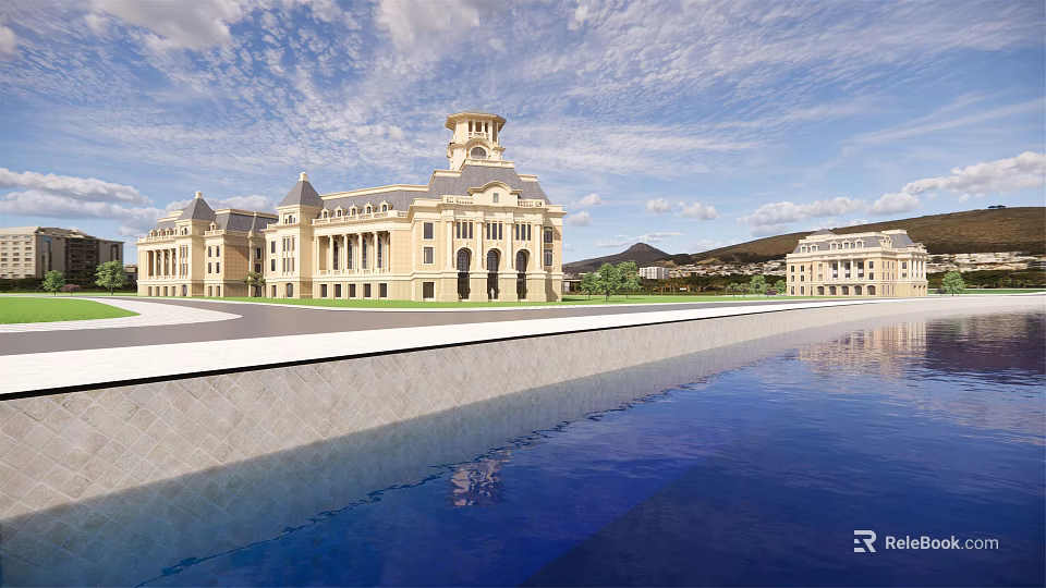 Large European Mansion With Reflecting Pool Blue Sky And Mountain View 3d model 