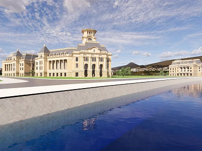 Large European Mansion With Reflecting Pool Blue Sky And Mountain View 3d model