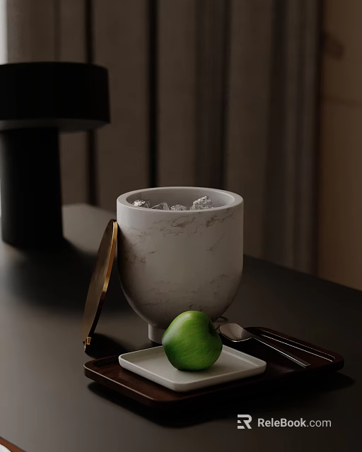 Elegant Decorative Ornament Set With Marble Container Ice Cubes Gold Lid Green Apple And Tray 3d model 