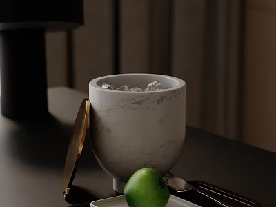 Elegant Decorative Ornament Set With Marble Container Ice Cubes Gold Lid Green Apple And Tray 3d model