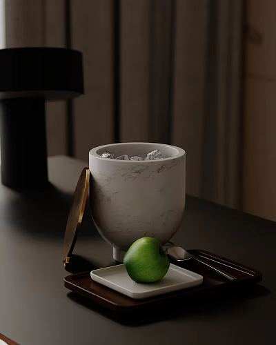 Elegant Decorative Ornament Set With Marble Container Ice Cubes Gold Lid Green Apple And Tray 3d model