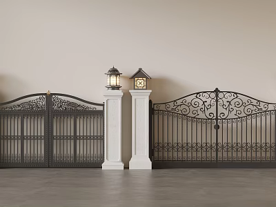 Elegant Modern Wrought Iron Gate with White Pillars and Lantern Lights 3d model
