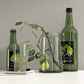 Decorative Ornament Set With Green Bottles Glass Cup Branch Leaves And Pears