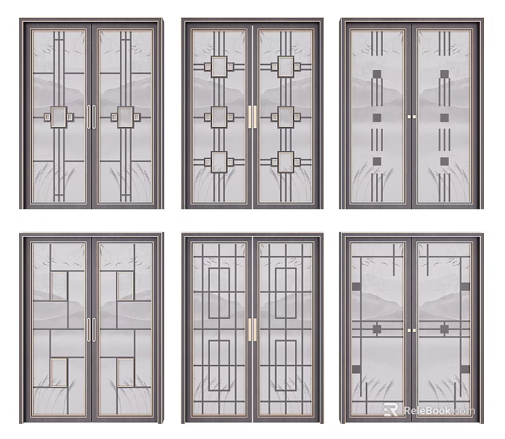 Modern Sliding Doors Design With Geometric Glass Patterns And Metal Frames 3d model