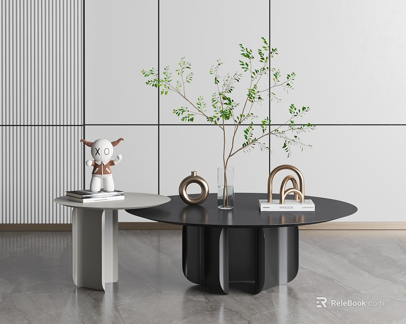 Modern Round Black and White Coffee Tables with Green Plant and Golden Decor 3d model 
