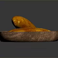 Three Golden Brown Roasted Sweet Potatoes in Wooden Plate on Dark Background