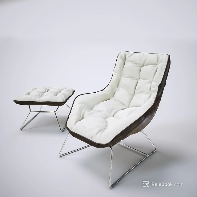 Modern White Padded Lounge Chair with Dark Trim Metal Legs and Matching Ottoman 3d model 