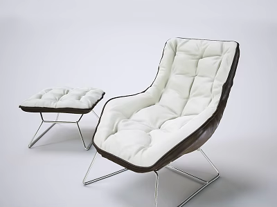 Modern White Padded Lounge Chair with Dark Trim Metal Legs and Matching Ottoman 3d model