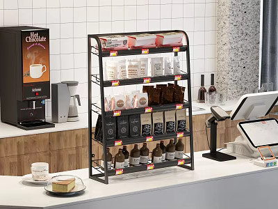 Organized Display Rack With Assorted Retail Products Near Coffee Machine And Cafe Counter 3d model