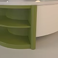 Circular Multi Tiered Display Shelf With White Surface And Green Supports For Product