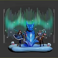 Two Women Standing On Ice Platform With Blue Ice Sculpture Green Glowing Auras