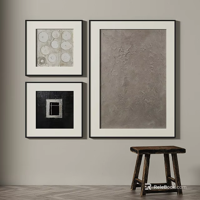 Abstract Paintings Featuring Circular Patterns Black Background Square And Gray Textured Design Hung On Wall 3d model