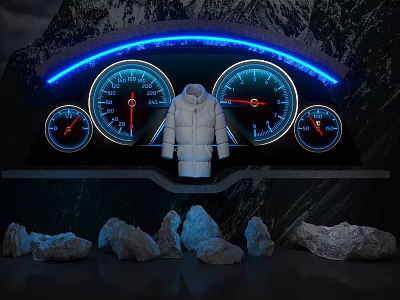 Window Display With White Down Jacket Dashboard Gauges Blue Neon Lights And Snowy Mountain 3d model
