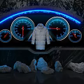 Window Display With White Down Jacket Dashboard Gauges Blue Neon Lights And Snowy Mountain