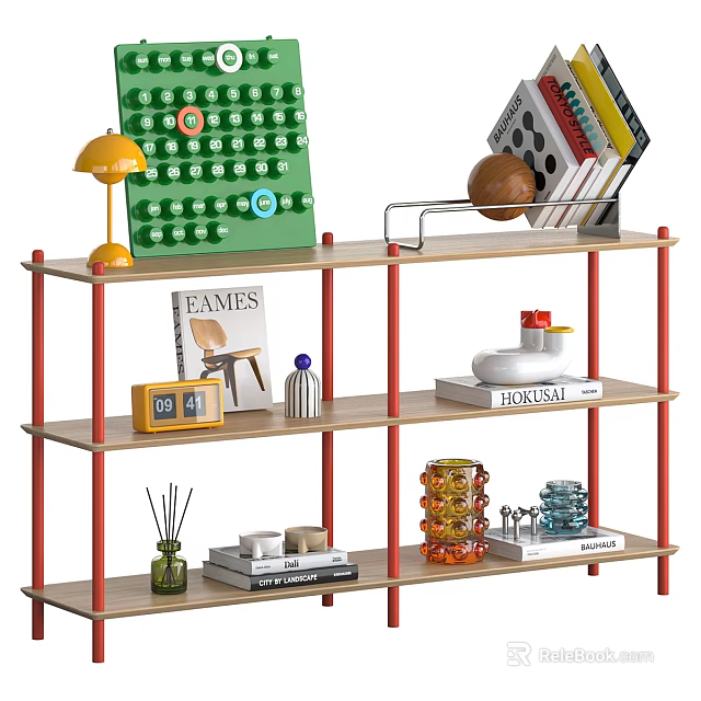 Stylish Red Frame Decorative Shelf with Books Table Lamp Decorative Items and Glass Ornaments 3d model 
