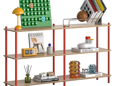 Stylish Red Frame Decorative Shelf with Books Table Lamp Decorative Items and Glass Ornaments 3d model