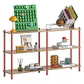 Stylish Red Frame Decorative Shelf with Books Table Lamp Decorative Items and Glass Ornaments