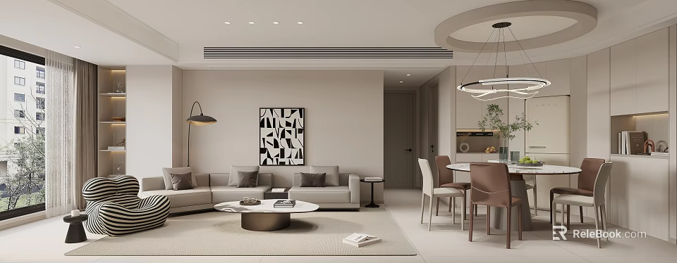 Modern Minimalist Living And Dining Room Interior Design With Soft Neutral Tone Cozy Home Furnishings 3d model 