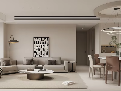 Modern Minimalist Living And Dining Room Interior Design With Soft Neutral Tone Cozy Home Furnishings 3d model