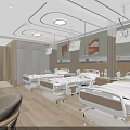 Modern Hospital Ward Interior Design With Medical Beds Pendant Lights And Wooden Flooring