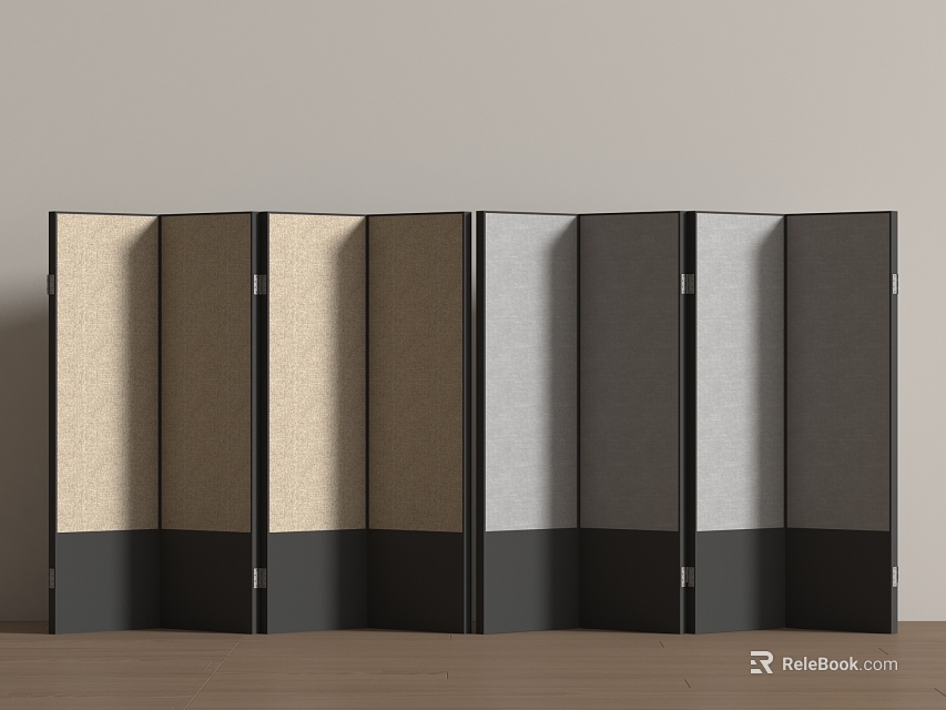 Modern Folding Room Divider with Neutral Fabric Panels in Beige Gray Black 3d model 