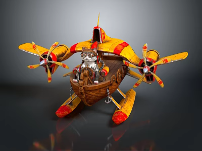 Water Vehicle With Yellow Red Design Wooden Hull Airplane Wings And Propellers 3d model