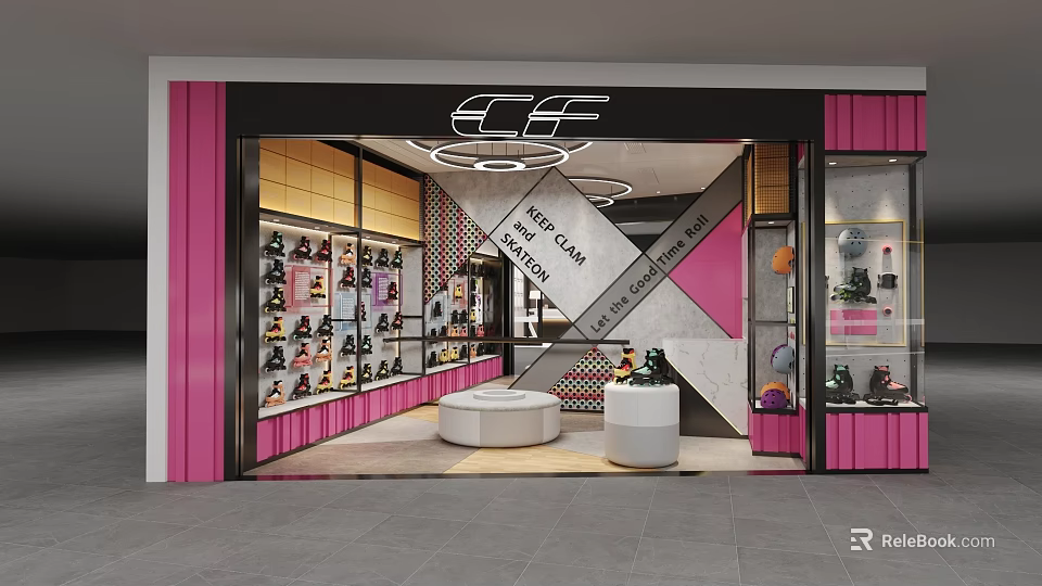 Bright Pink And Black Shoe Store Interior With Display Shelves And White Seating 3d model 