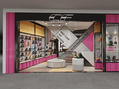 Bright Pink And Black Shoe Store Interior With Display Shelves And White Seating 3d model