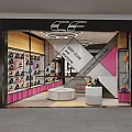 Bright Pink And Black Shoe Store Interior With Display Shelves And White Seating