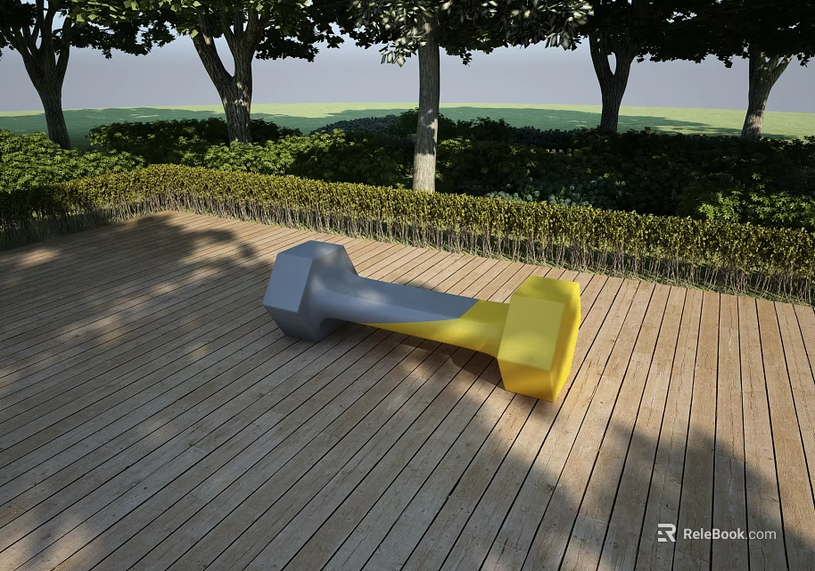 Gray and Yellow Dumbbell Shaped Outdoor Chair on Wooden Deck with Trees and Bushes 3d model 