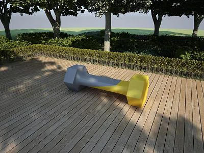 Gray and Yellow Dumbbell Shaped Outdoor Chair on Wooden Deck with Trees and Bushes 3d model