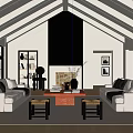Bright Living Room With Beamed Ceiling Black Fireplace White Sofas Red Coffee Table And Bookshelf