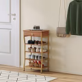 Wooden Multilayer Shoe Rack Holding Shoes Camera And Hanging Sweater Near White Door