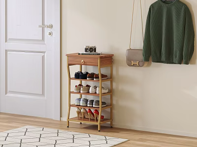 Wooden Multilayer Shoe Rack Holding Shoes Camera And Hanging Sweater Near White Door 3d model