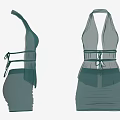 Green Halter Neck Dress with Sheer Mesh Tie Waist and Pleated Skirt Design