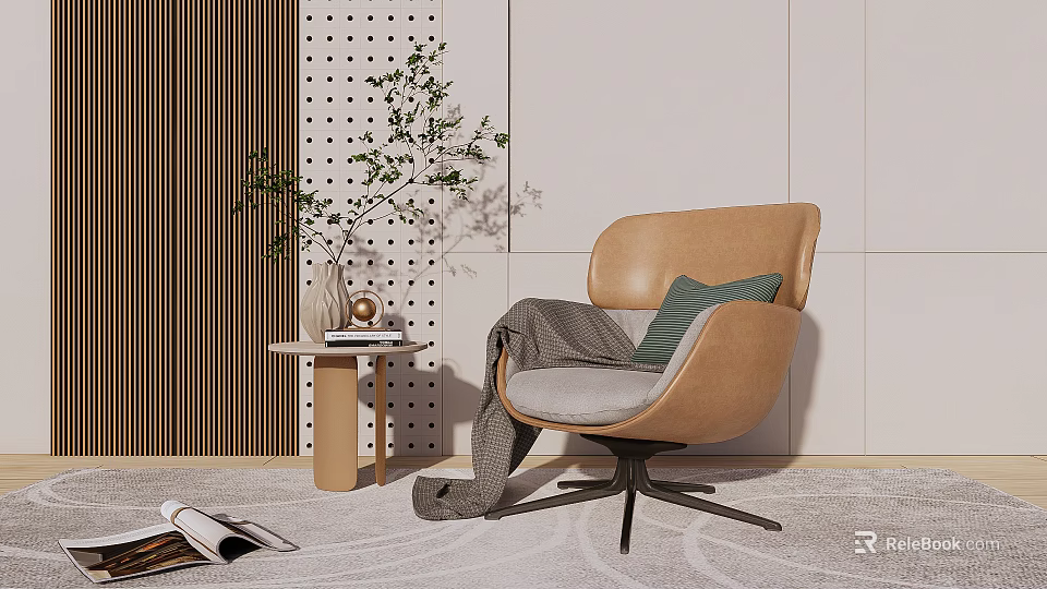 Brown Single Sofa With Leather Upholstery Green Cushion Gray Blanket And Plant On Side Table 3d model 