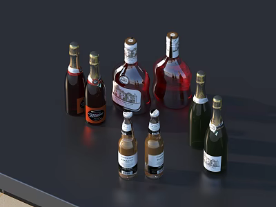 Various Types Of Wine Bottles And Glasses With Different Colors On Black Countertop 3d model
