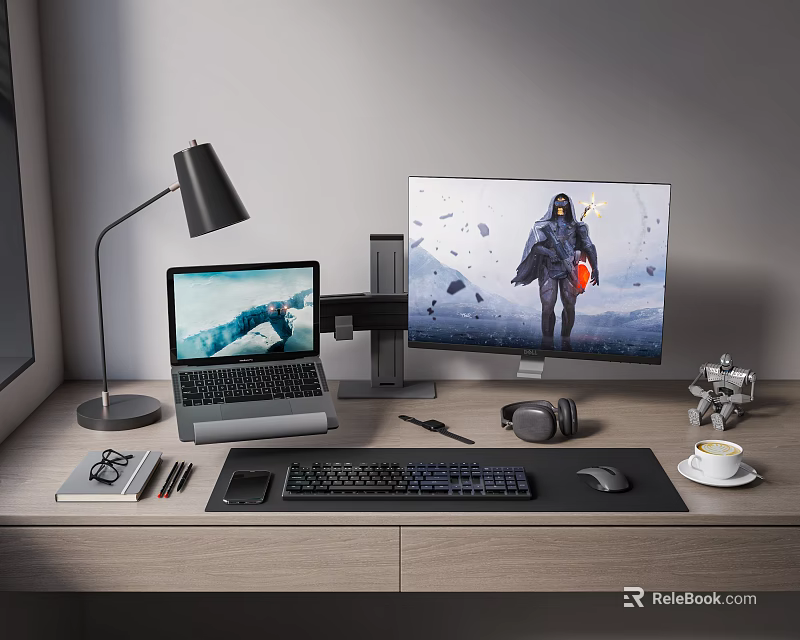 Modern Dual Screen Home Office Desk Setup With Laptop Monitor Keyboard Mouse And Headphones 3d model 