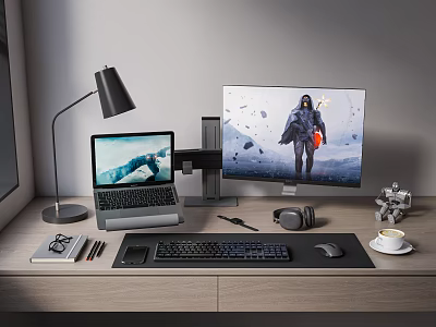 Modern Dual Screen Home Office Desk Setup With Laptop Monitor Keyboard Mouse And Headphones 3d model