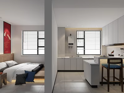 Hotel Room Interior With Comfortable Bed Window Blinds And Decorative Painting 3d model
