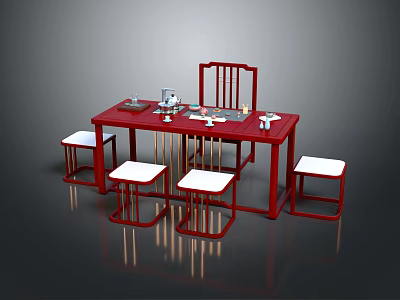 Modern Chinese Style Red Furniture Set With White Stools And Tea Decor 3d model