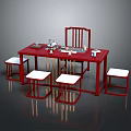 Modern Chinese Style Red Furniture Set With White Stools And Tea Decor