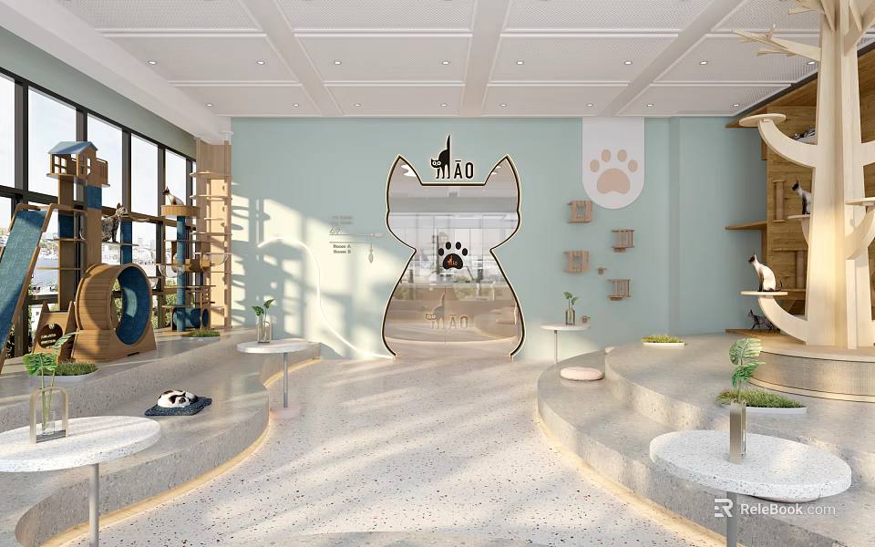 Modern Cat Themed Pet Shop with Shelves Cat Trees Plants and Paw Prints 3d model 