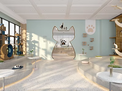 Modern Cat Themed Pet Shop with Shelves Cat Trees Plants and Paw Prints 3d model