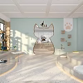 Modern Cat Themed Pet Shop with Shelves Cat Trees Plants and Paw Prints