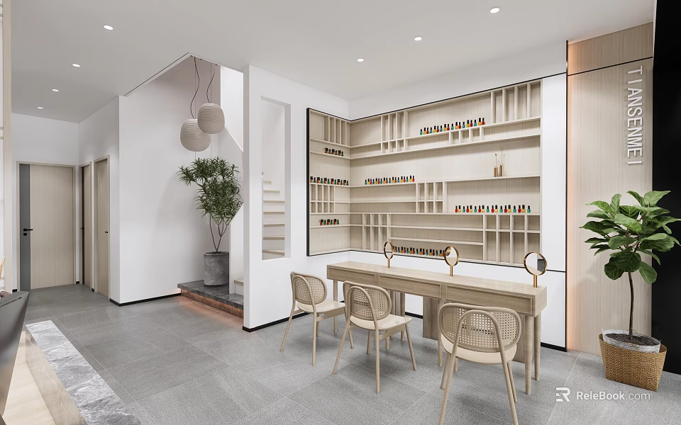 Elegant Beauty and Hair Salon Interior With Luxury Styling Chairs and Product Shelves 3d model 