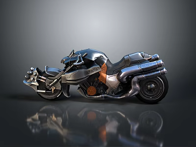 Futuristic Motorcycle With Sleek Metallic Body Black And Orange Engine Details On Reflective Surface 3d model
